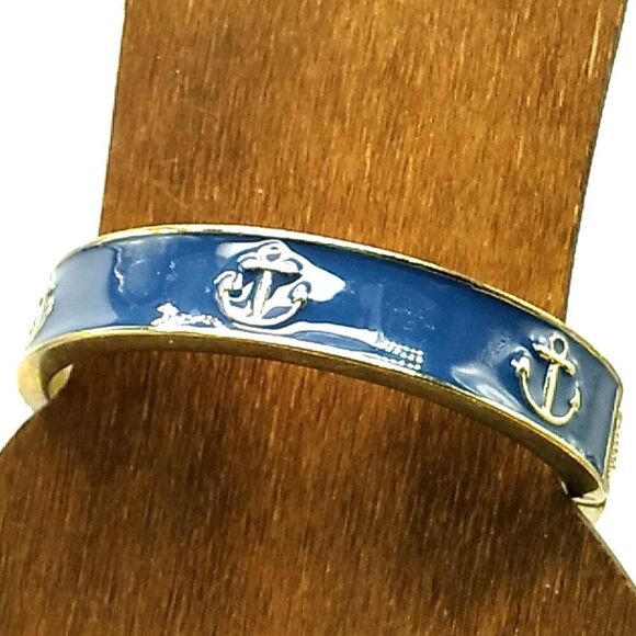 Fornash Hinged Bracelet Navy Blue Enamel & Gold Anchor Design - Picture 1 of 16